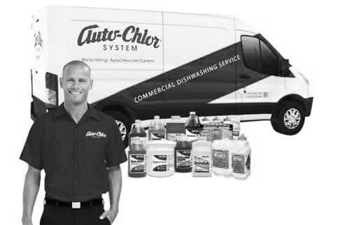 Smiling man in Auto-Chlor uniform with a fleet van and product range in grayscale.